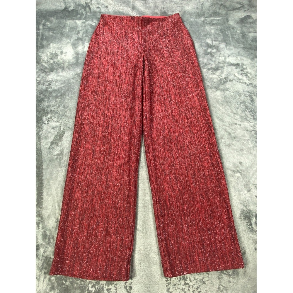 Attyre New York Pants 6 Women Red Pull On Stretch WIde Leg Metallic Thread Retro